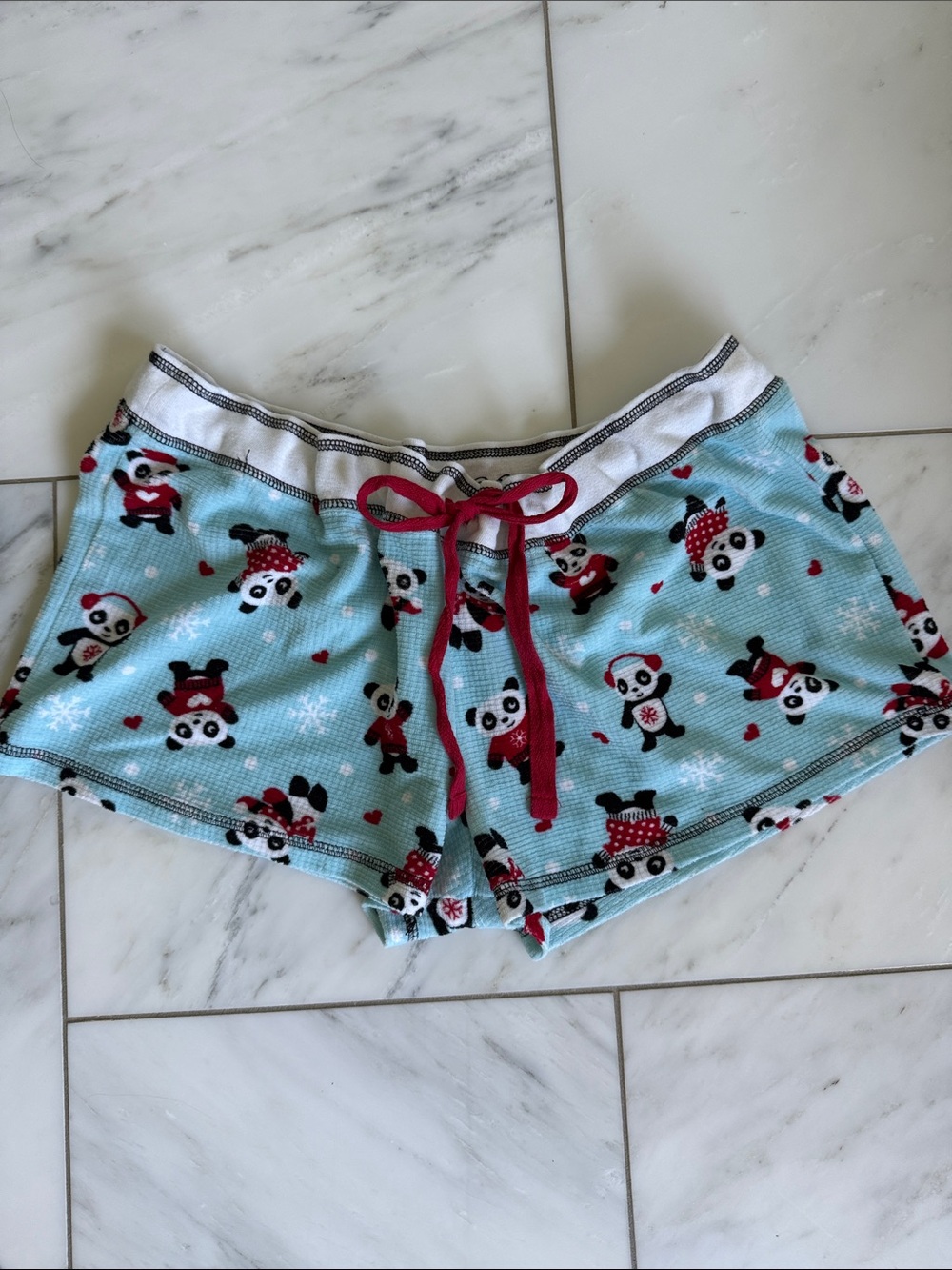 PJ Salvage Light Blue Panda Print Lounge Shorts with Red Drawstring